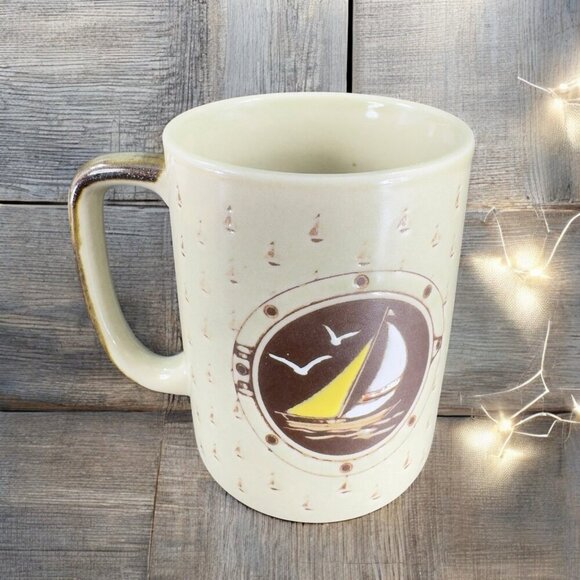 Otagiri Sailboat Nautical Theme Coffee Mug Cup Stoneware Sea Ship Mug Cup VTG - Picture 1 of 12